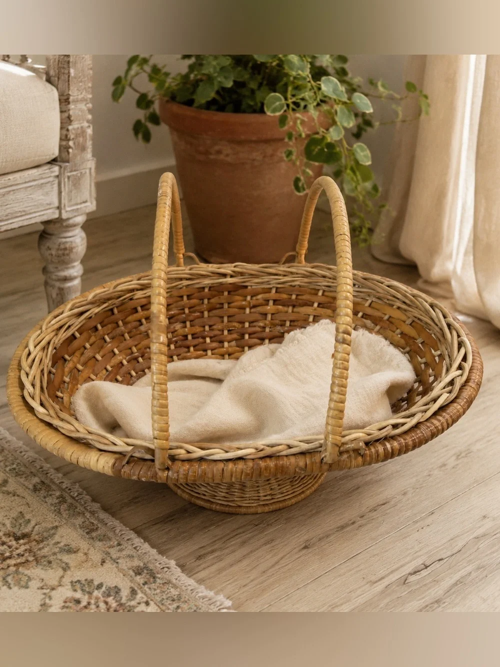 Vintage Large Woven Rattan Basket Double Handles Pedestal Boho Farmhouse Décor